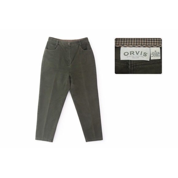 Orvis Pants - Orvis Womens Olive Green Cotton Moleskin Pants High Rise Plaid Lined Size 10